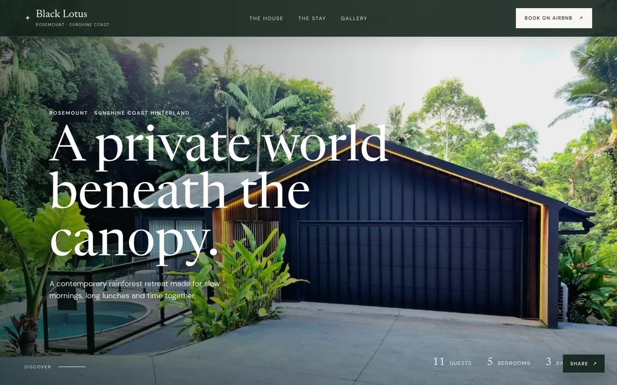 Black Lotus homepage: 'A private world beneath the canopy.' over a dark timber house in the rainforest