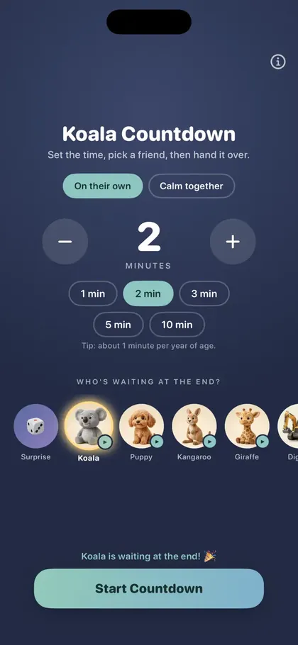 Setup screen: choose minutes and a character