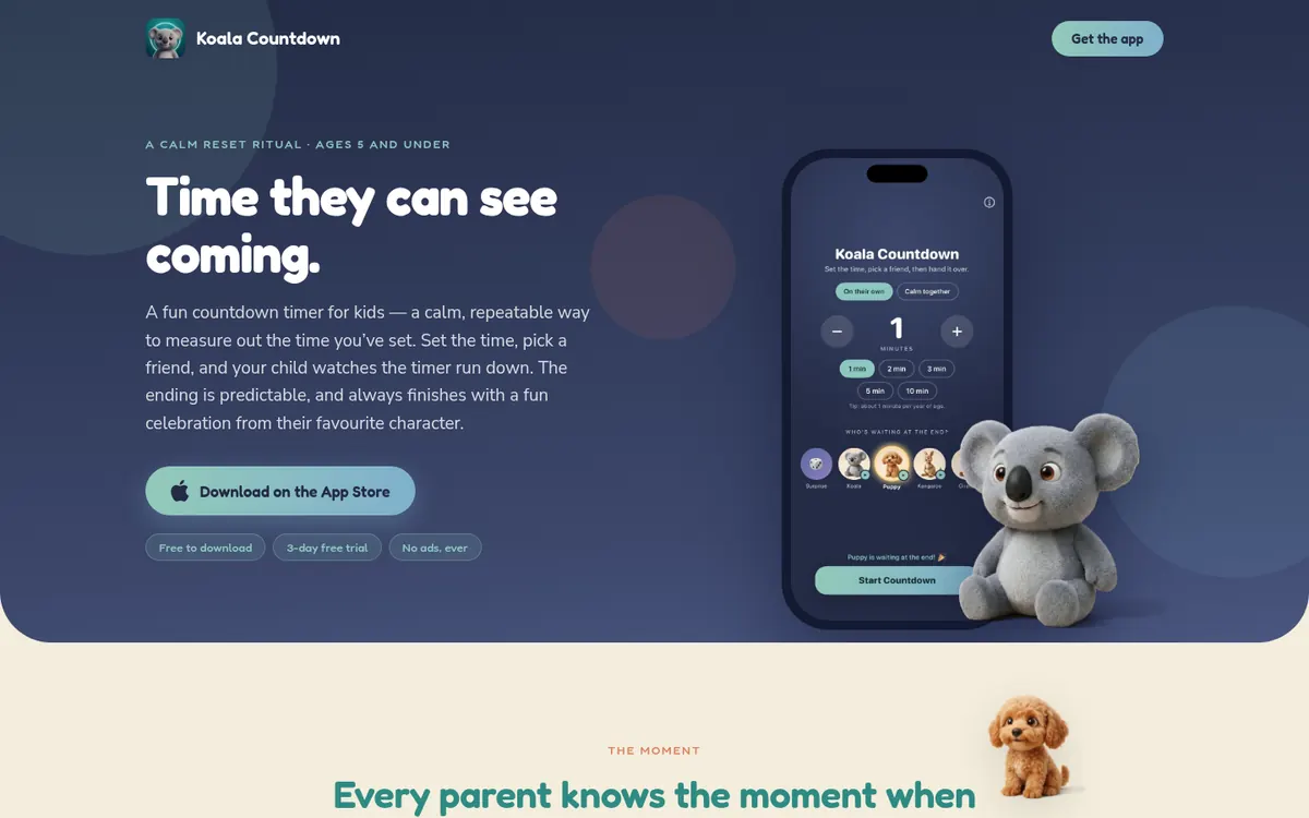 Koala Countdown website: 'Time they can see coming.' with the app on a phone and a 3D koala