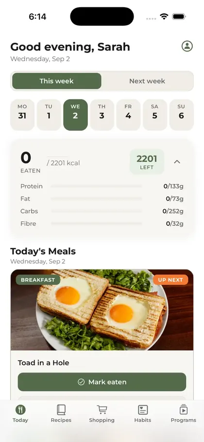 Today screen: calories and macros eaten against daily targets, and today's meals