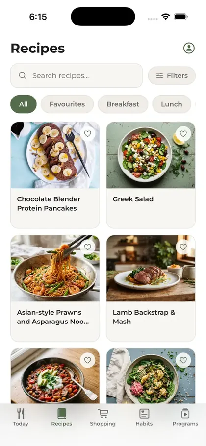 Recipe library with search, filters and favourites