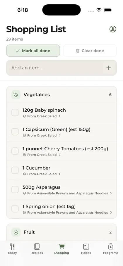 Shopping list grouped by category, with the recipe each item comes from