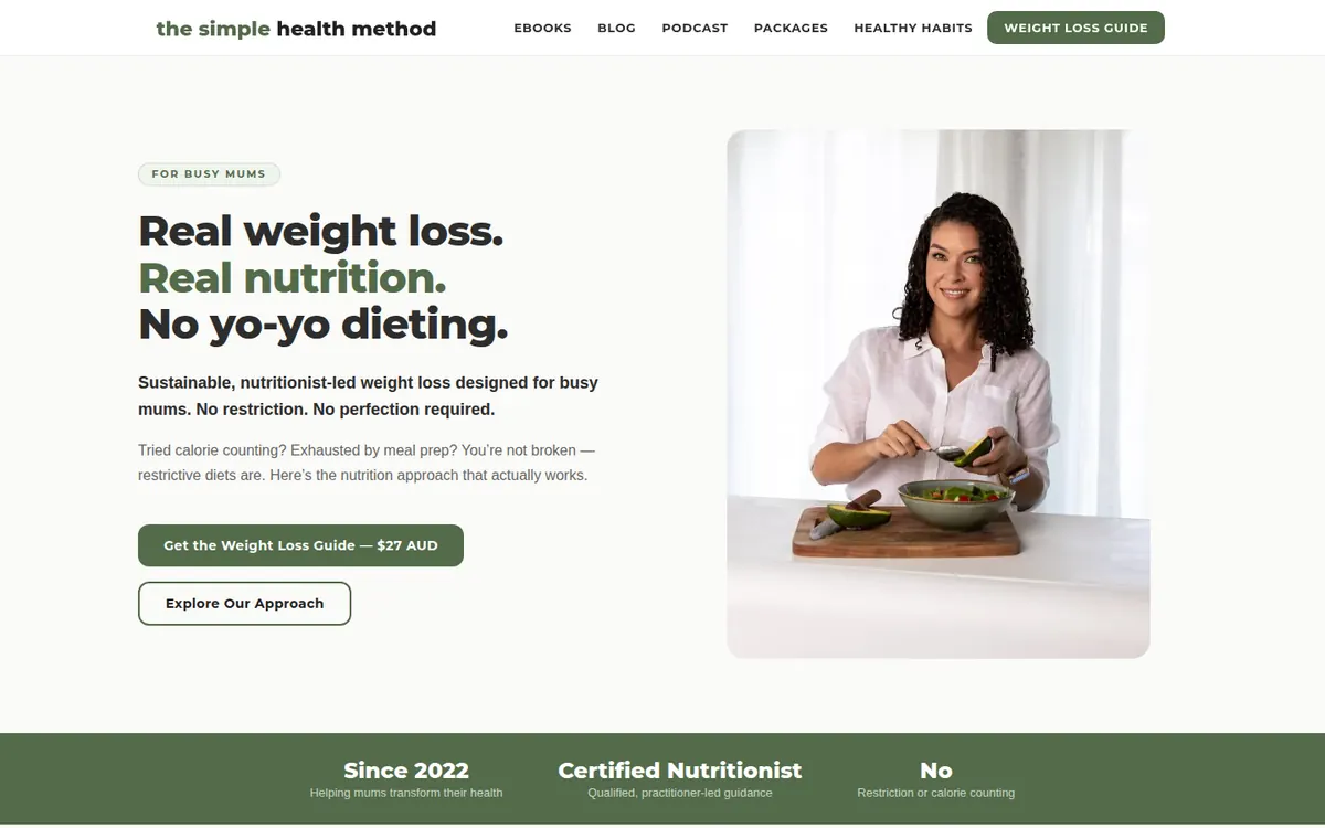The Simple Health Method homepage: 'Real weight loss. Real nutrition. No yo-yo dieting.' with the nutritionist preparing a meal